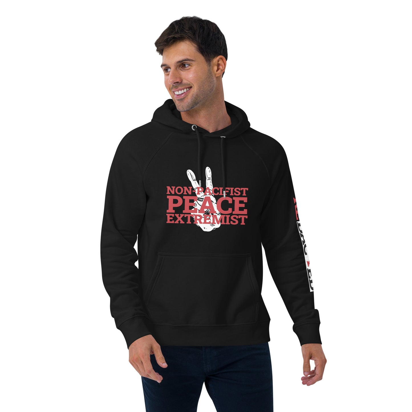 NON-PACIFIST PEACE EXTREMIST Unisex eco raglan hoodie