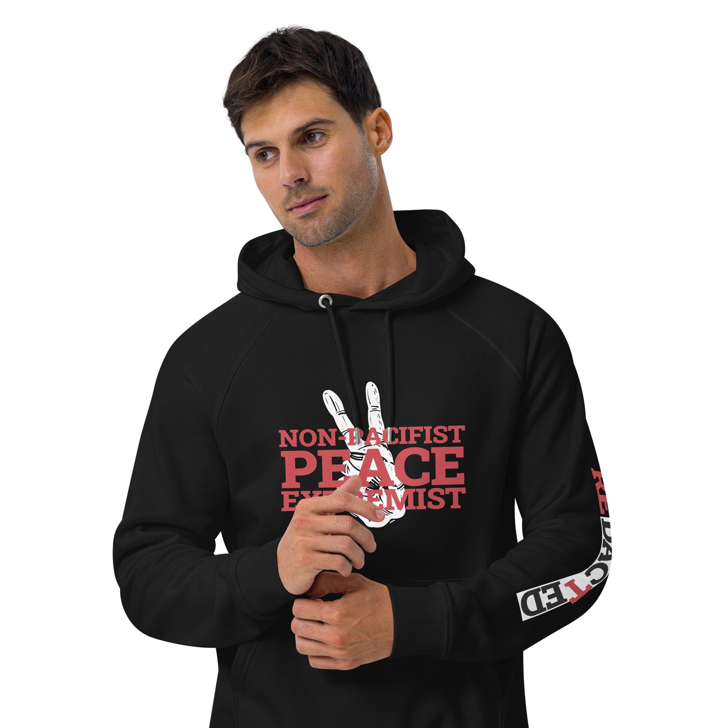 NON-PACIFIST PEACE EXTREMIST Unisex eco raglan hoodie