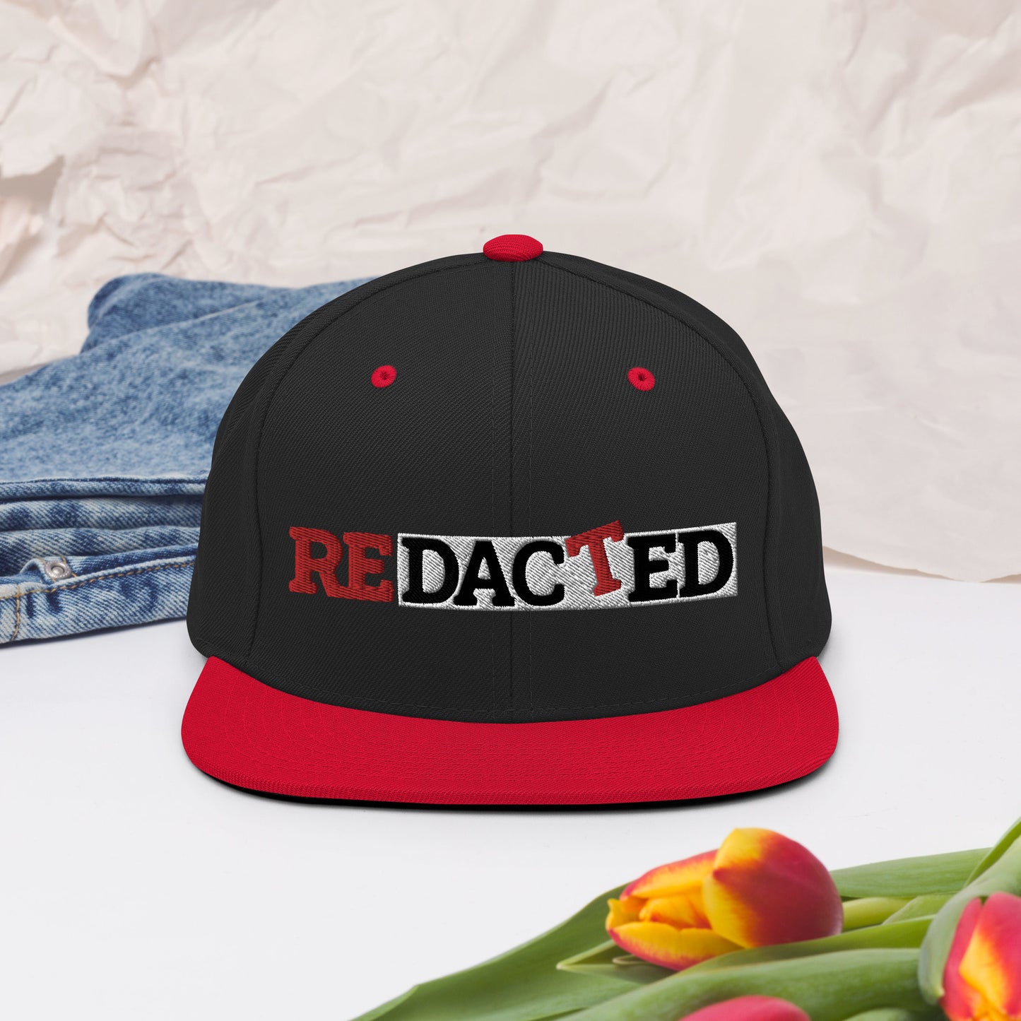Redacted Red/White Embroidered Logo Snapback Hat