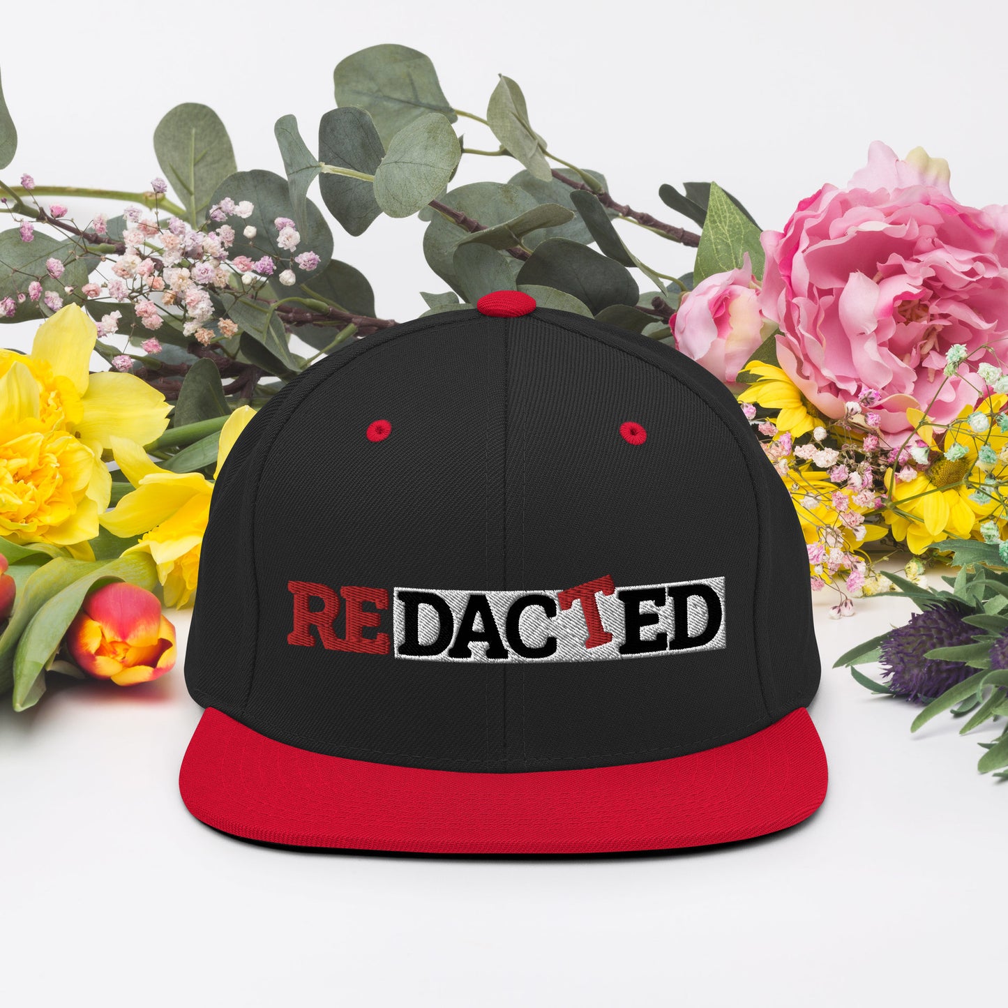 Redacted Red/White Embroidered Logo Snapback Hat